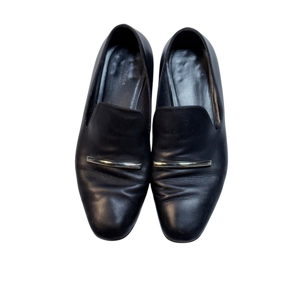 Via Spiga Tallis Women’s Black Leather Loafers Size 6.5 Slip-On Flats Almond Toe